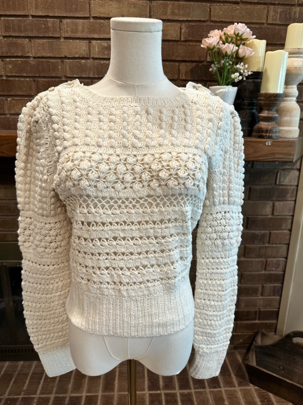 Free People Ivory Crochet Bobble Popcorn Knit Shoulder Button Sweater S NWT